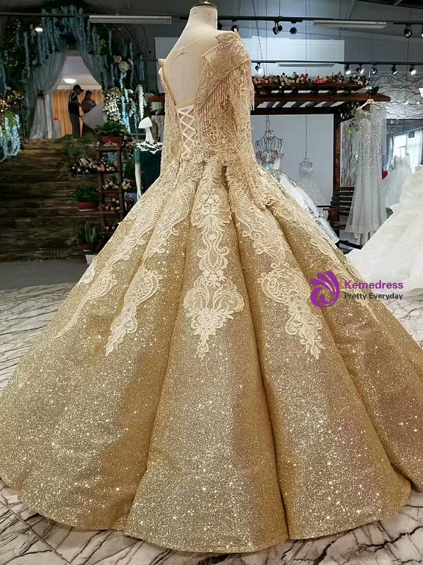 Gold Ball Gown Off The Shoulder Sequins Long Sleeve Wedding Dress