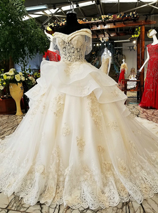 White Tulle Off The Shoulder Lace Appliques With Beading Wedding Dress