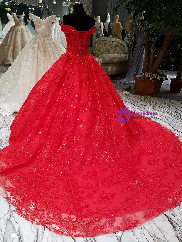 Red Ball Gown Off The Shoulder Lace Sequins Train Wedding Dress