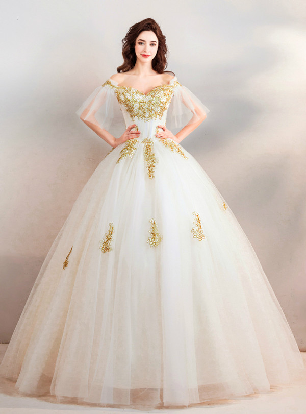 In Stock:Ship in 48 hours White Tulle Off The Shoulder Wedding Dress