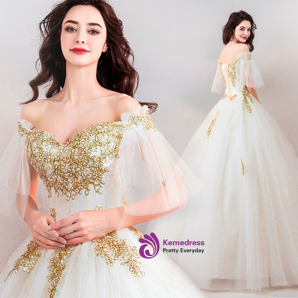 In Stock:Ship in 48 hours White Tulle Off The Shoulder Wedding Dress