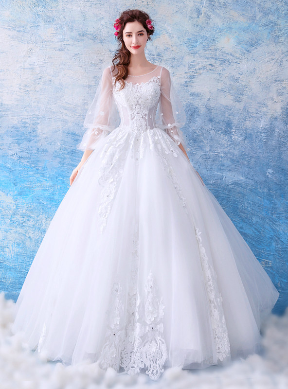 In Stock:Ship in 48 hours White Long Sleeve Backless Wedding Dress