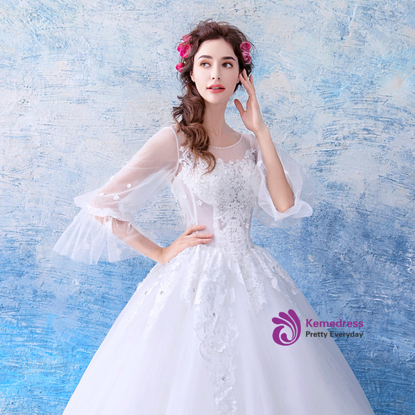 In Stock:Ship in 48 hours White Long Sleeve Backless Wedding Dress