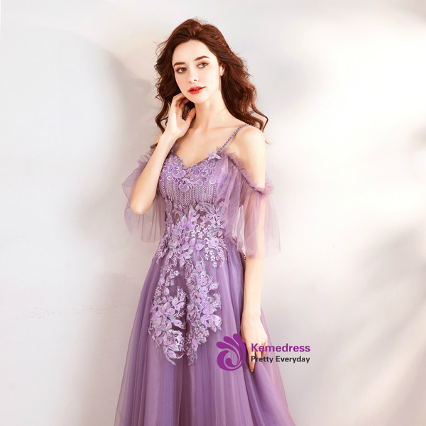 In Stock:Ship in 48 hours Purple Spaghetti Straps Backless Prom Dress