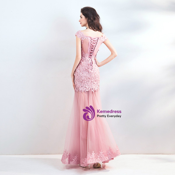 In Stock:Ship in 48 hours Pink Mermaid Lace Tulle Prom Dress