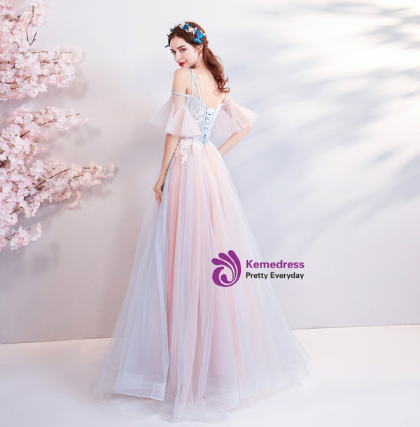 In Stock:Ship in 48 hours Pink Spaghetti Straps Tulle Prom Dress