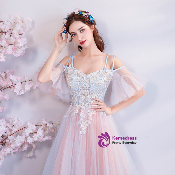 In Stock:Ship in 48 hours Pink Spaghetti Straps Tulle Prom Dress