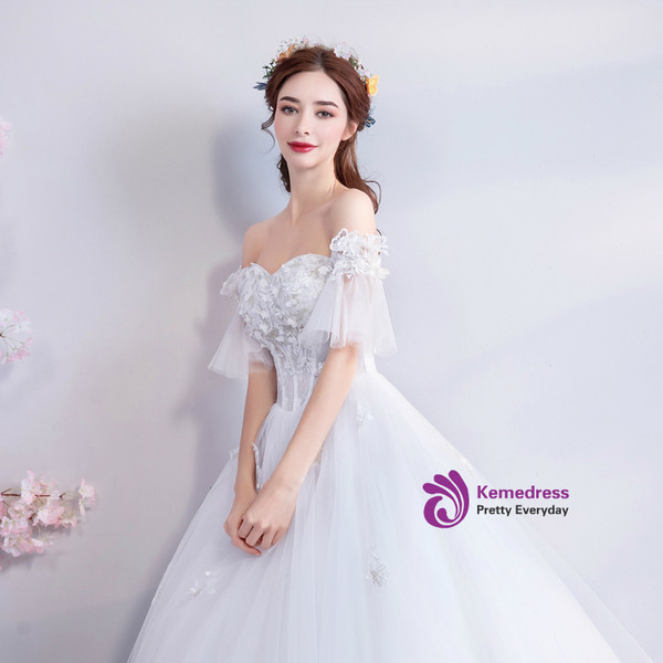 In Stock:Ship in 48 hours Off The Shoulder Tulle Appliques Wedding Dress