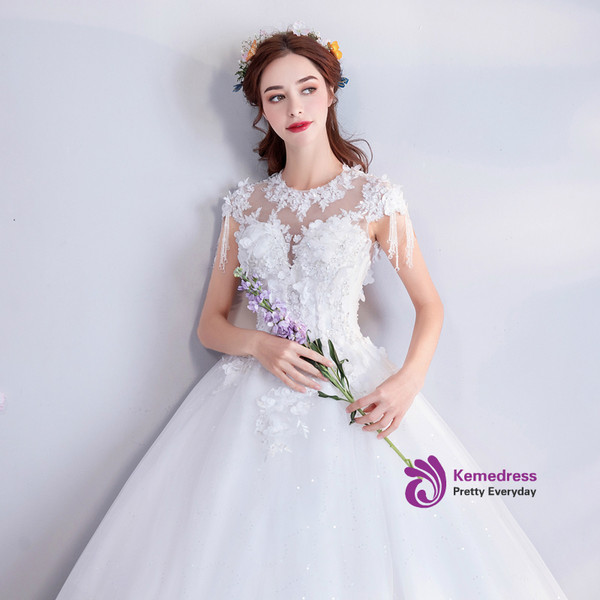 In Stock:Ship in 48 hours White Appliques Beading Wedding Dress