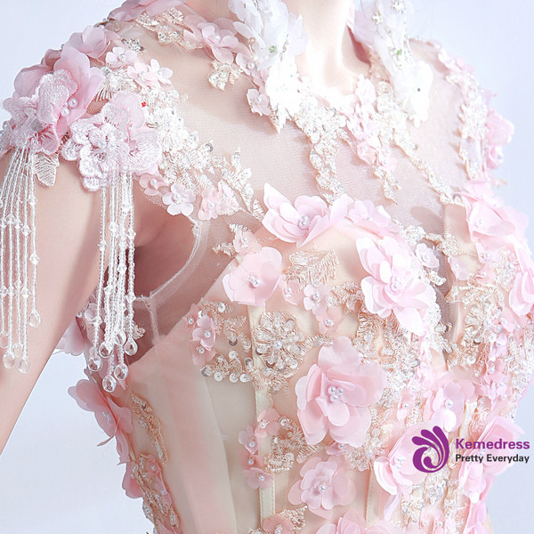 In Stock:Ship in 48 hours Pink Appliques Cap Sleeve Wedding Dress