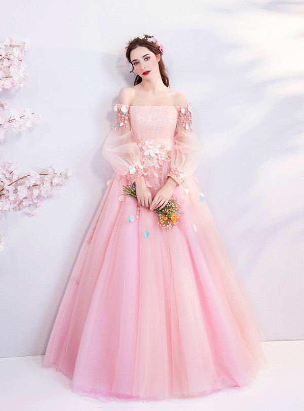 In Stock:Ship in 48 hours Pink Tulle Long Sleeve Wedding Dress