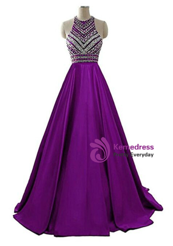 A-Line Blue Halter Satin Beading Prom Dress With Pocket