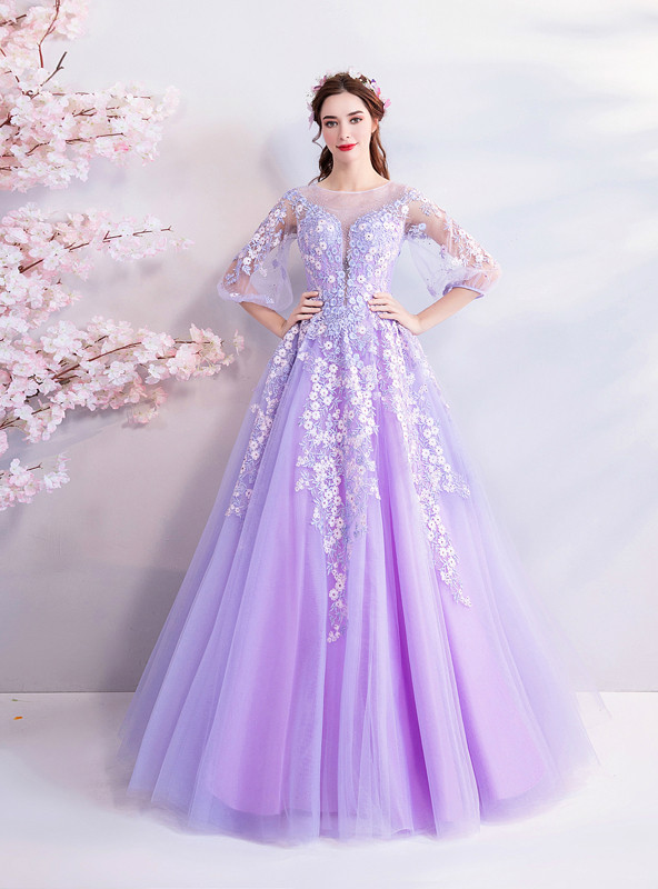 In Stock:Ship in 48 hours Purple Long Sleeve Quinceanera Dresses