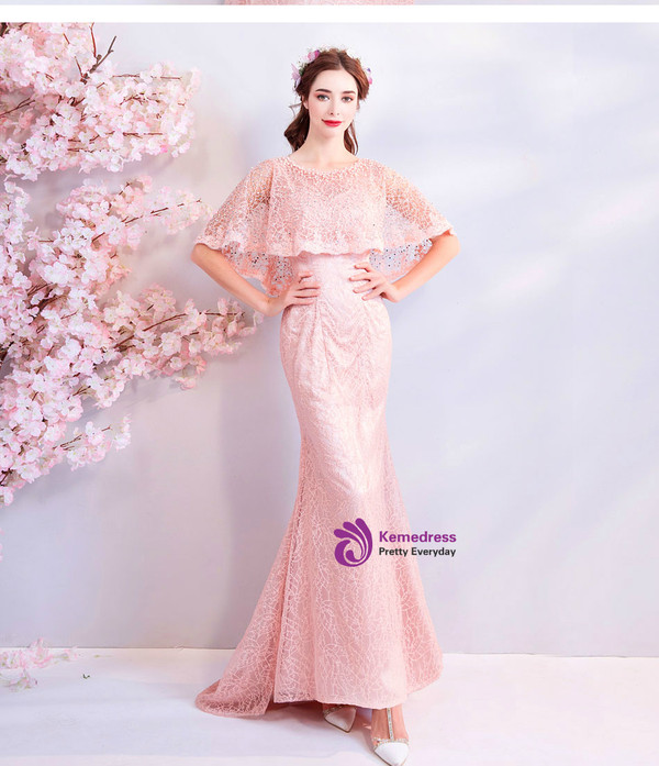 In Stock:Ship in 48 hours Pink Mermaid Lace Prom Dress With Beading