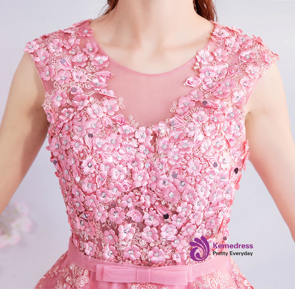 In Stock:Ship in 48 hours Pink Tulle Backless Appliques Homecoming Dress