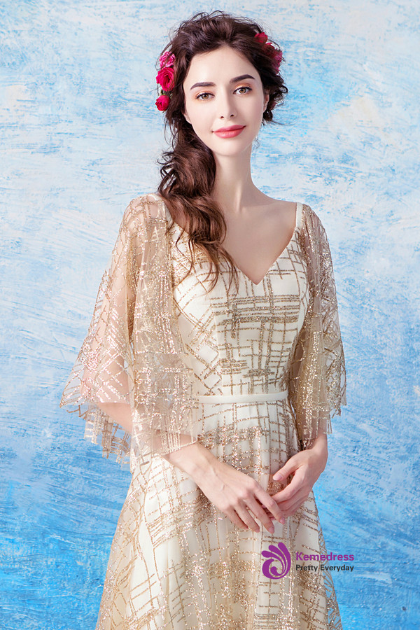 In Stock:Ship in 48 hours Gold V-neck Backless Sequins Prom Dress