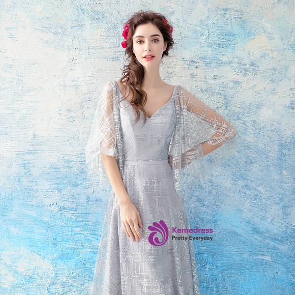 In Stock:Ship in 48 hours Silver V-neck Backless Sequins Prom Dress