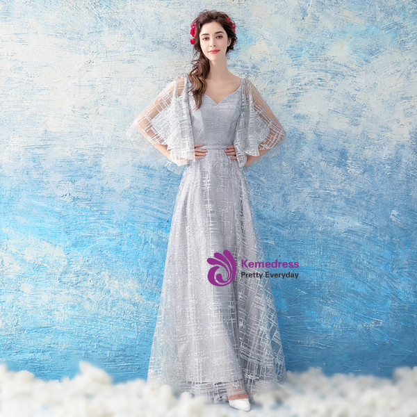 In Stock:Ship in 48 hours Silver V-neck Backless Sequins Prom Dress