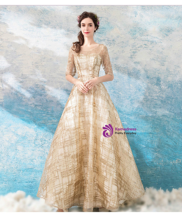 In Stock:Ship in 48 hours Gold Half Sleeve Backless Prom Dress