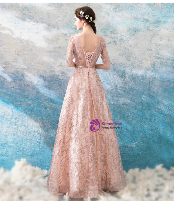 In Stock:Ship in 48 hours Pink Half Sleeve Backless Prom Dress