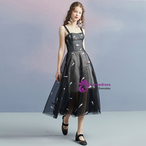 In Stock:Ship in 48 hours Black Spaghetti Straps Tulle Homecoming Dress