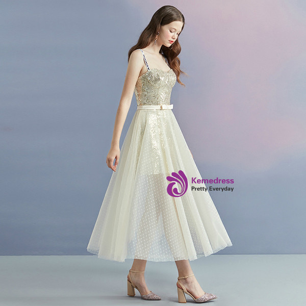 In Stock:Ship in 48 hours Tulle Gold Sequins Tea Length Prom Dress
