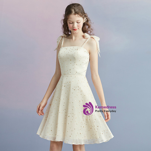 In Stock:Ship in 48 hours Yellow Spaghetti Straps Champagne Homecoming Dress