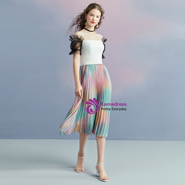 In Stock:Ship in 48 hours Off The Shoulder Tea Length Homecoming Dress