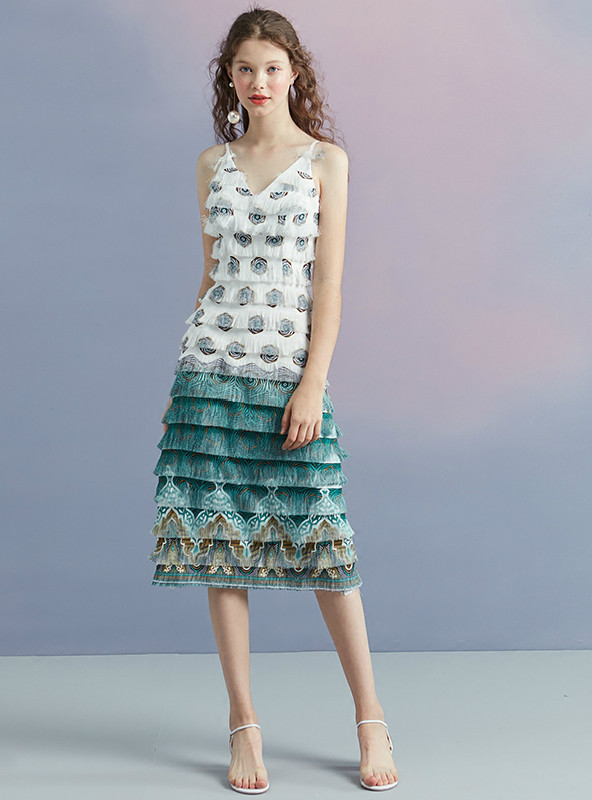 In Stock:Ship in 48 hours V-neck Blue White Tassel Homecoming Dress