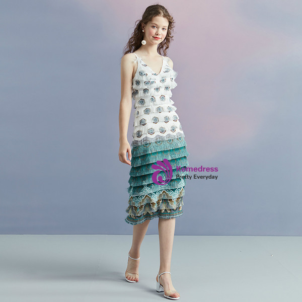 In Stock:Ship in 48 hours V-neck Blue White Tassel Homecoming Dress