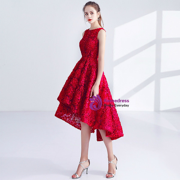 In Stock:Ship in 48 hours Red Hi Lo Lace Homecoming Dress