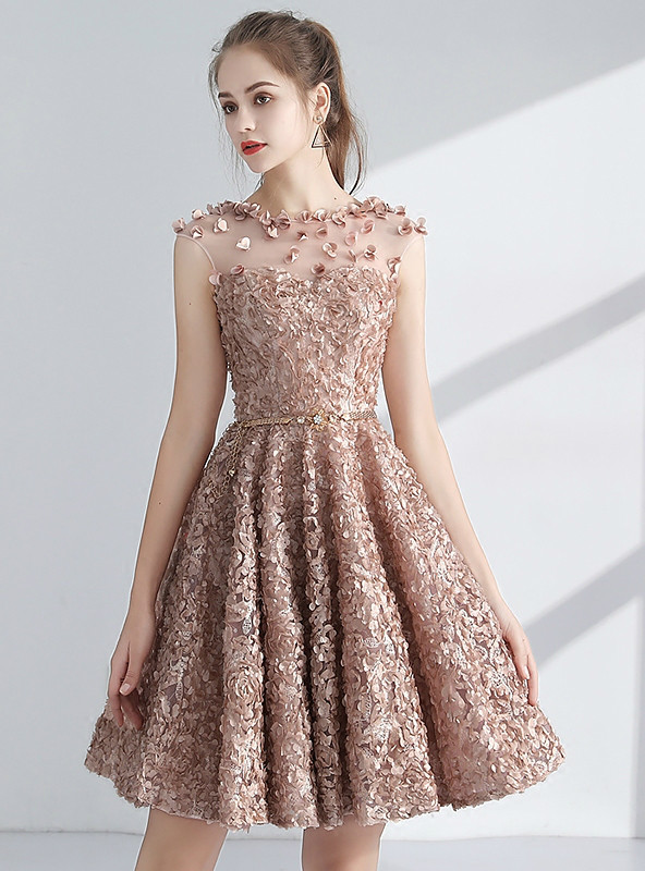 In Stock:Ship in 48 hours Champagne Lace Homecoming Dress With Sash