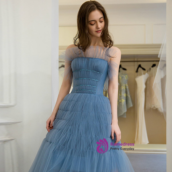 In Stock:Ship in 48 hours Blue Strapless Tulle Homecoming Dress