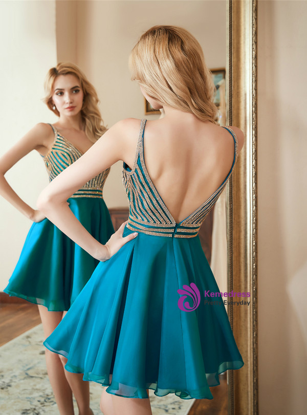 In Stock:Ship in 48 hours Blue Chiffon Spaghetti Straps Homecoming Dress
