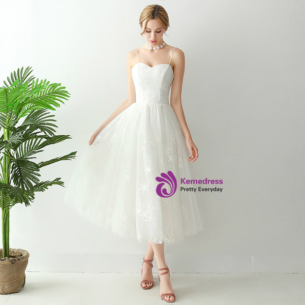 In Stock:Ship in 48 hours Spaghetti Straps Tulle Tea Length Wedding Dress