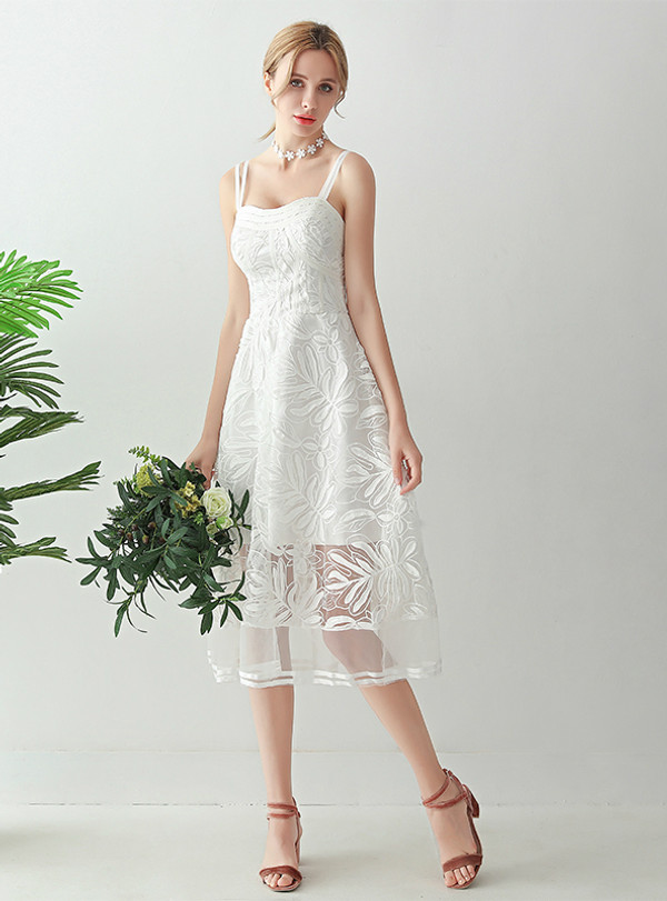In Stock:Ship in 48 hours White Tulle Tea Length Wedding Dress