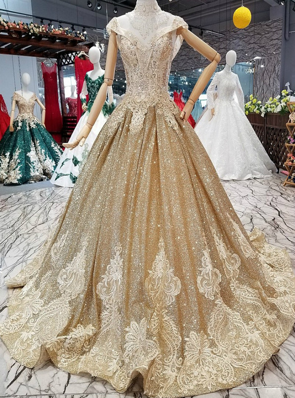 Gold Ball Gown Off The Shoulder Sequins Backless Wedding Dress