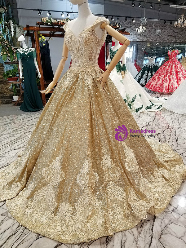 Gold Ball Gown Off The Shoulder Sequins Backless Wedding Dress