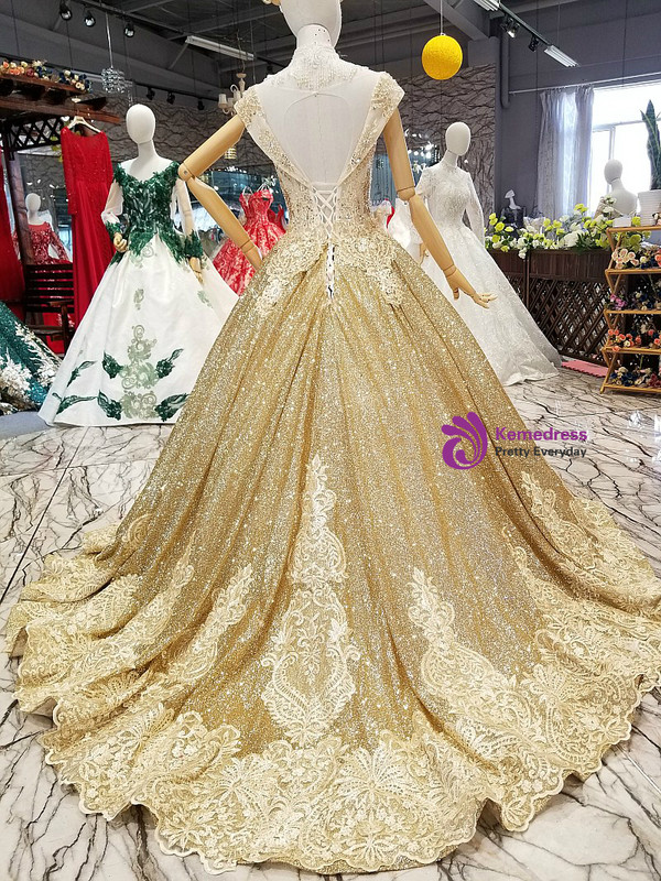 Gold Ball Gown Off The Shoulder Sequins Backless Wedding Dress