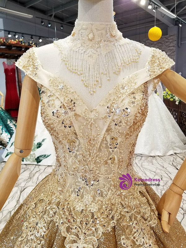 Gold Ball Gown Off The Shoulder Sequins Backless Wedding Dress