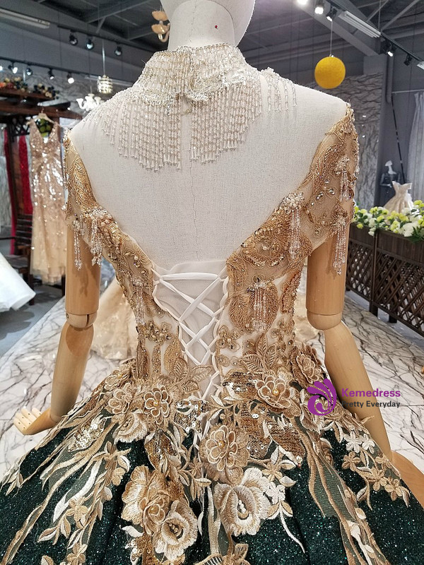 Green Ball Gown Sequins Off The Shoulder Appliques Wedding Dress