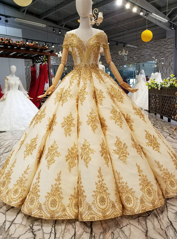 Ball Gown Gold Appliques Off The Shoulder With Beading Wedding Dress