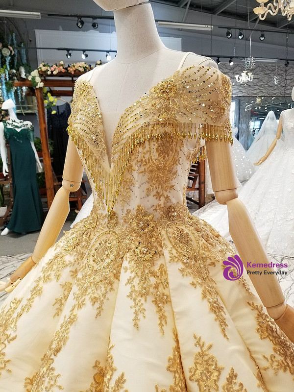 Ball Gown Gold Appliques Off The Shoulder With Beading Wedding Dress