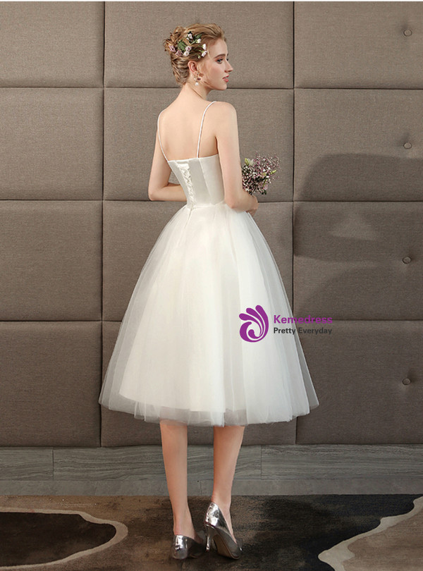 In Stock:Ship in 48 hours White Spaghetti Straps Tea length Wedding Dress