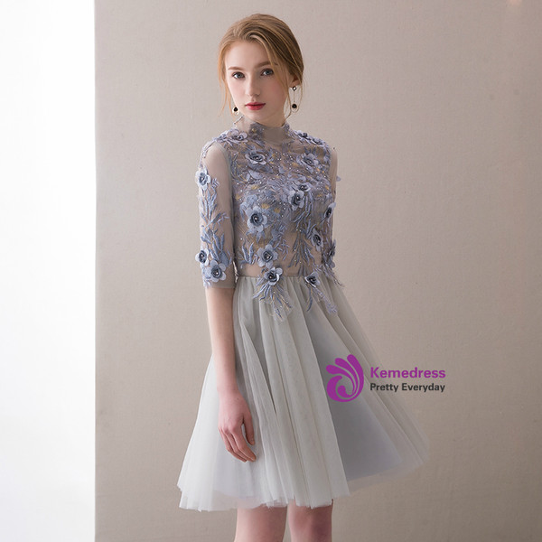 In Stock:Ship in 48 hours Gray High Neck Short Sleeve Homecoming Dress