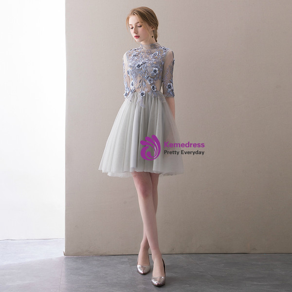 In Stock:Ship in 48 hours Gray High Neck Short Sleeve Homecoming Dress
