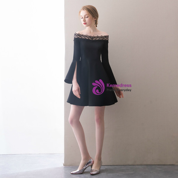 In Stock:Ship in 48 hours Black Off The Shoulder Satin Homecoming Dress