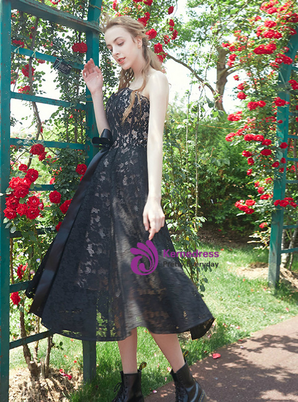 In Stock:Ship in 48 hours Black Sweetheart Lace Tea Length Dress