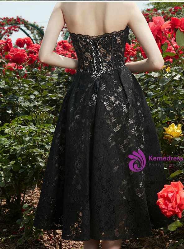 In Stock:Ship in 48 hours Black Sweetheart Lace Tea Length Dress
