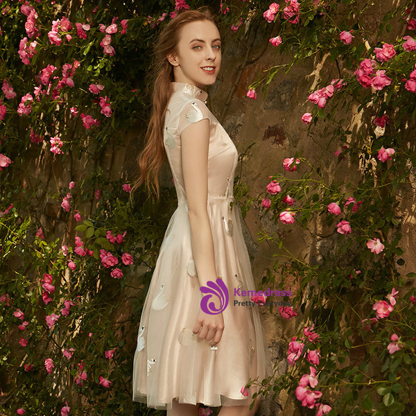 In Stock:Ship in 48 hours Champagne High Neck Embroidery Short Dress